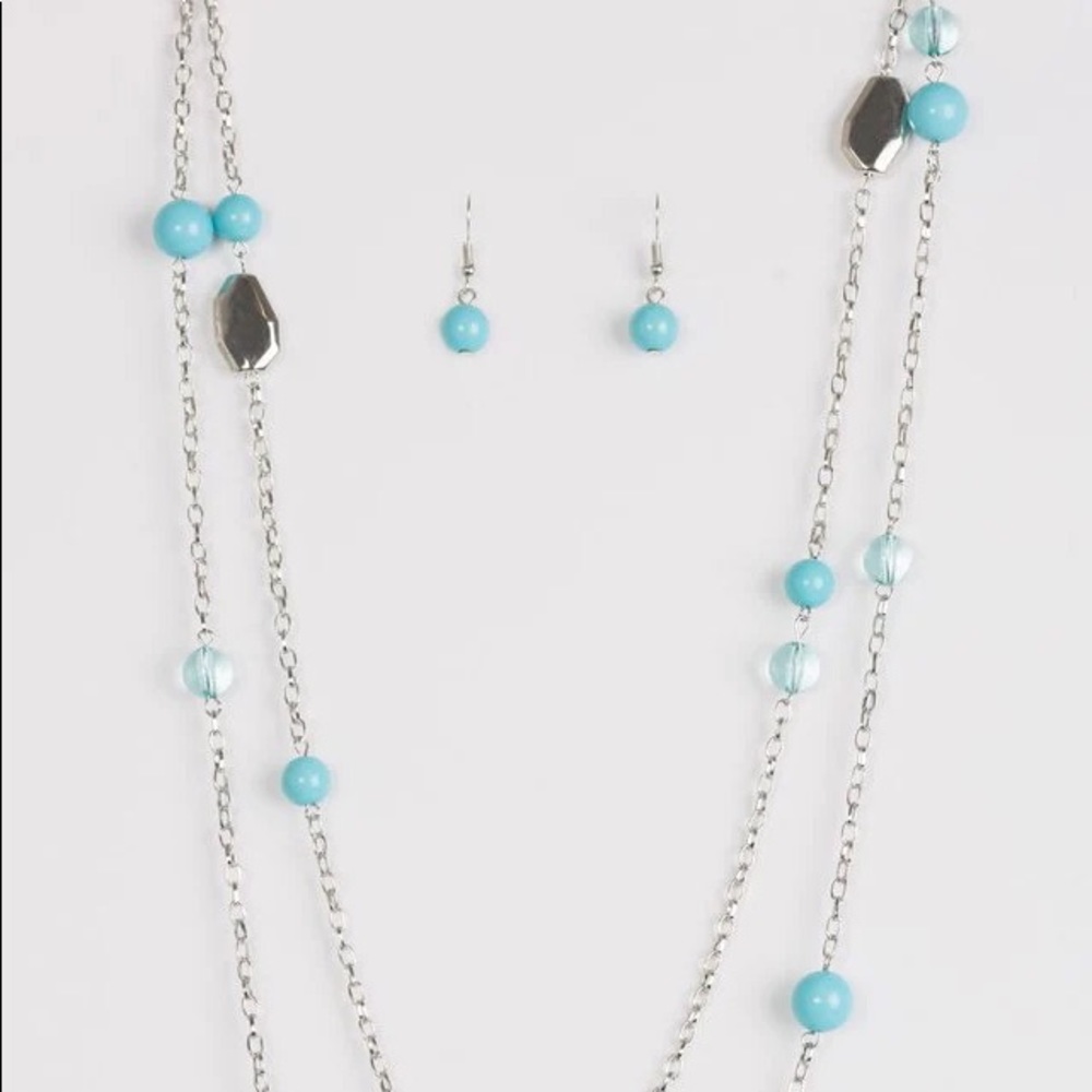 Hitting A Glow Point Long Blue Beaded Necklace & Earrings Set - Picture 4 of 4